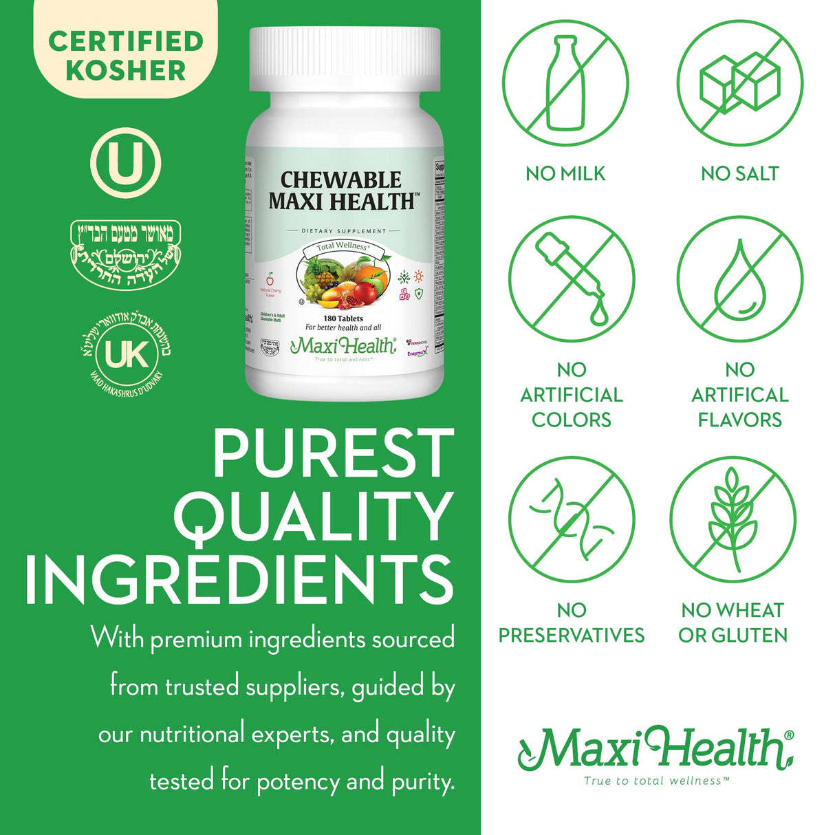 Maxi Health Chewable Multivitamin for Kids, Teens and Adults - Cherry Chewable Vitamins for Adults & Children - Kosher Kids Multivitamin + Iron (180 Tablets)