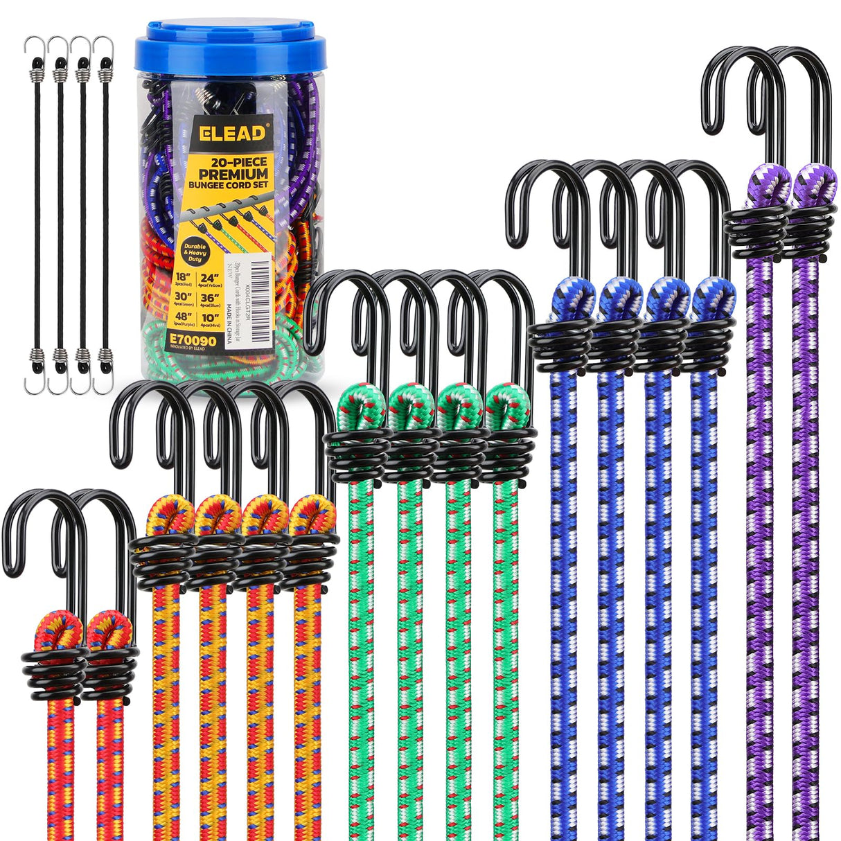 Bungee Cords Heavy Duty Outdoor: 20 Pcs Premium Rubber Bungee Cords with Hooks in a Storage Jar Includes 10", 18", 24", 30", 36", 48" Bungee Cord for Camping, Tent, Fastening Items
