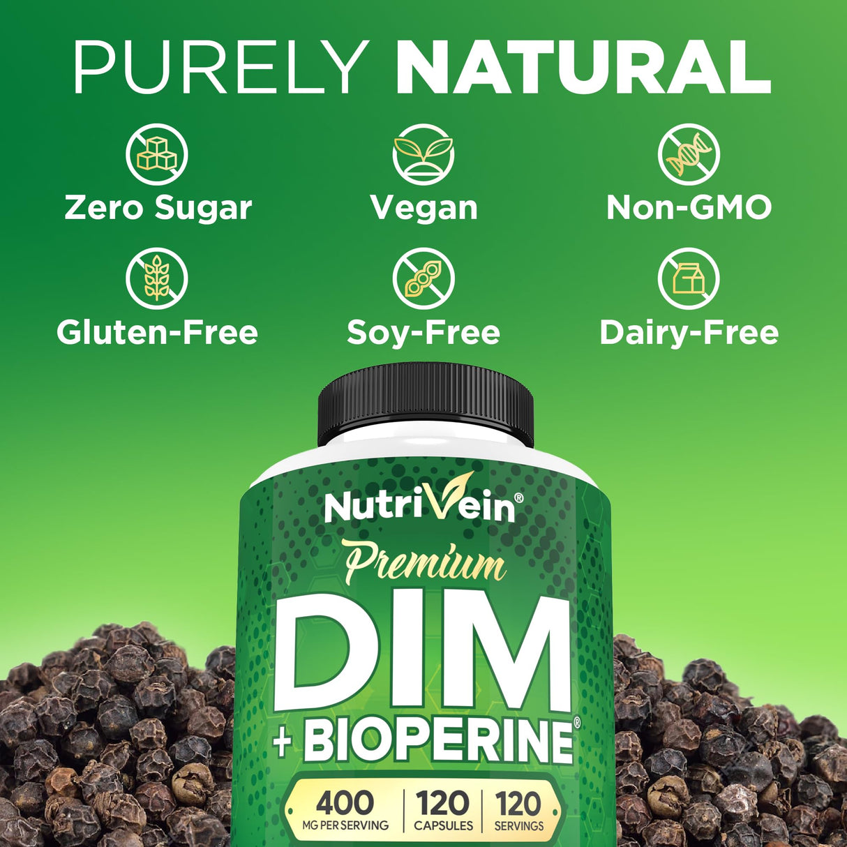 Nutrivein Premium DIM Supplement 400 mg Daily - 120 Servings (120 Capsules): Diindolylmethane for Women and Men - Plus Bioperine - Estrogen Supplement - Menopause and Middle Age Support