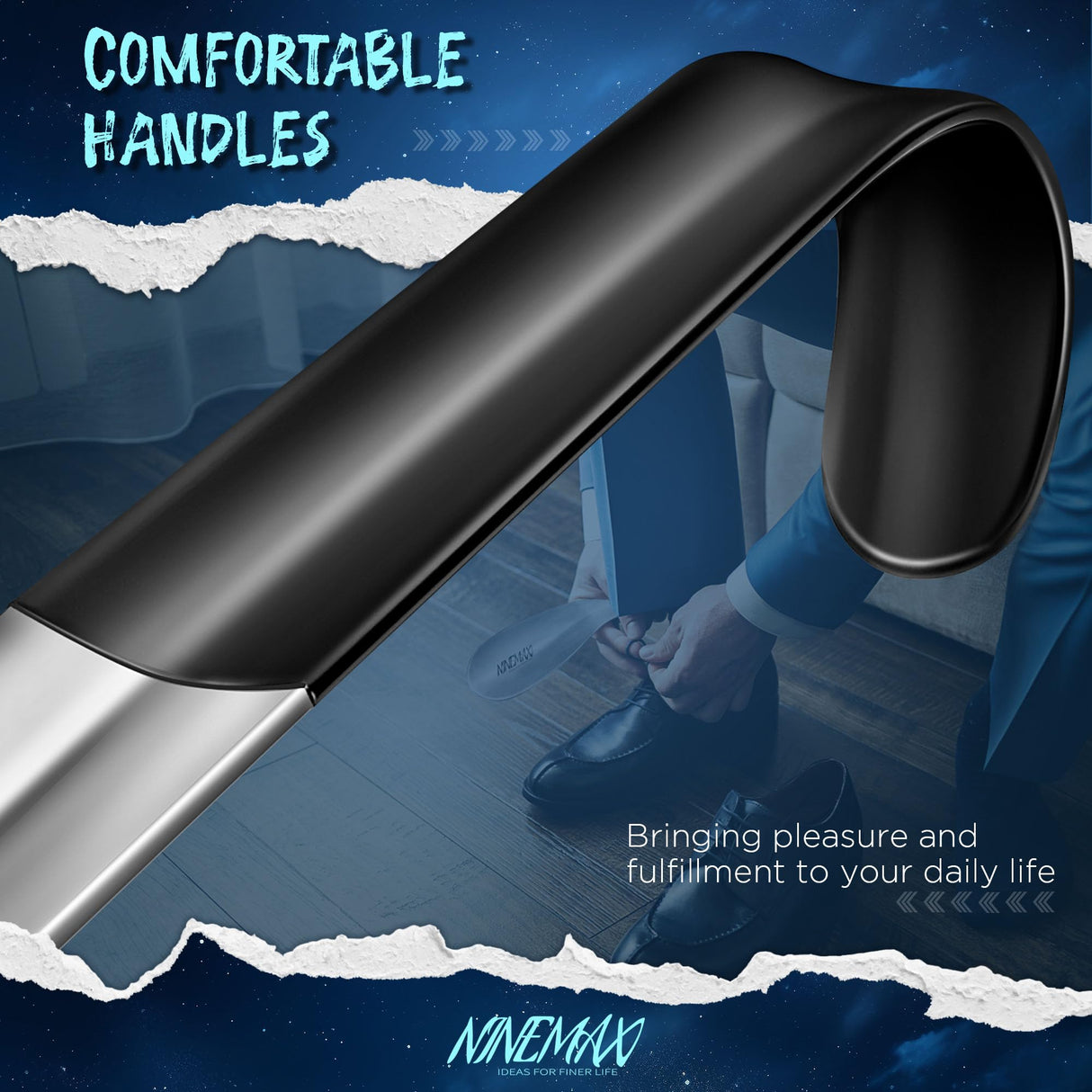 NINEMAX Shoe Horn Long Handle for Seniors Men Women, Metal Long Shoehorn Boot Horn 16.5'', Travel Small Stainless Steel Shoe Spoon Helper for Kids 7.5''