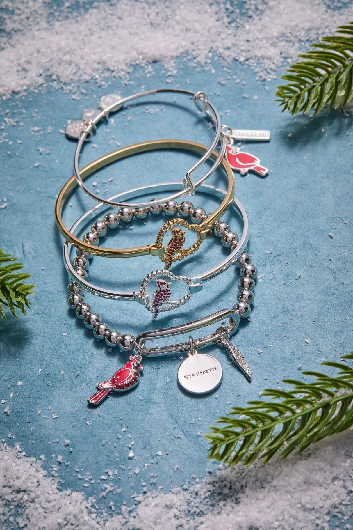 ALEX AND ANI 'Strength' Cardinal Duo Charm Bangle Bracelet - Red Cardinal Charm, Inspirational 'Strength' Accent, Nickel-Free, Cardinal Jewelry for Women (Shiny Silver)