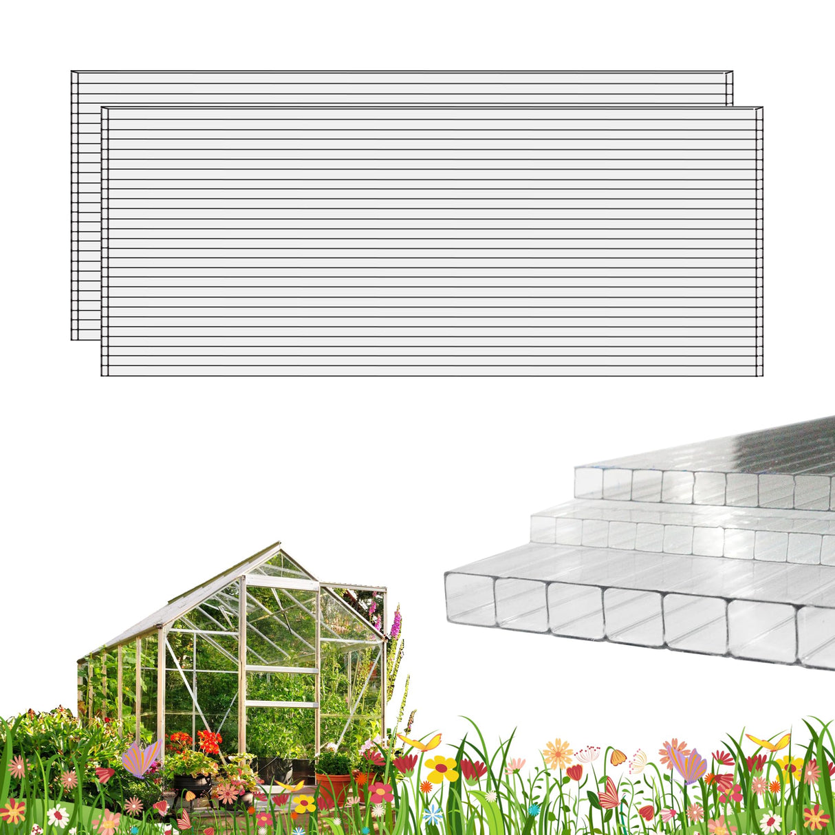 XISOCO 3 PCS 4' x 2' x 0.24'' Polycarbonate Greenhouse Panels, Double Layer Polycarbonate Panels, Outdoor Waterproof, UV Protected, Impact Resistance Clear Sheets, for Garden and Greenhouse
