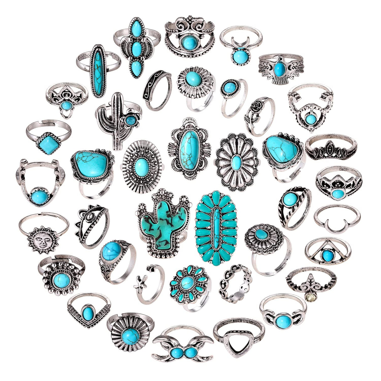 BVGA 40 Pcs Vintage Turquoise Rings for Women Bohemian Silver Oval Gemstone Western Rings Boho Joint Knuckle Midi Stacking Ring Set Gifts