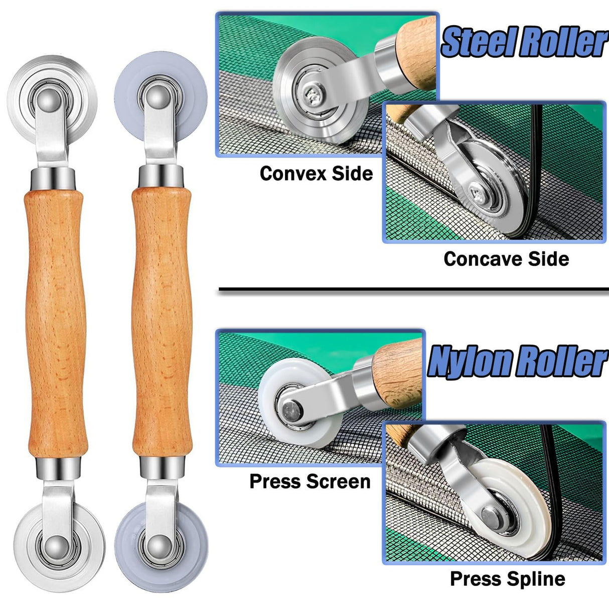 King&Charles Window Screen Door Repair/Replacement Kit, Include Black Screen Mesh 48"x118"+ 2 Roller+50Ft Spline+8Clips+Hook, 6 in 1 Window Mesh Kit, Steel/Nylon Bearing Roller