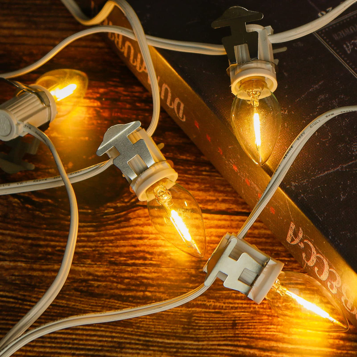 2Pack Accessory Cord with 12 LED Light Bulbs Christmas Village String Light 10.3FT White Cord with Spare Fuse Warm White C7 Lamp for Halloween Pumpkins Christmas Village Houses and Craft Decoration