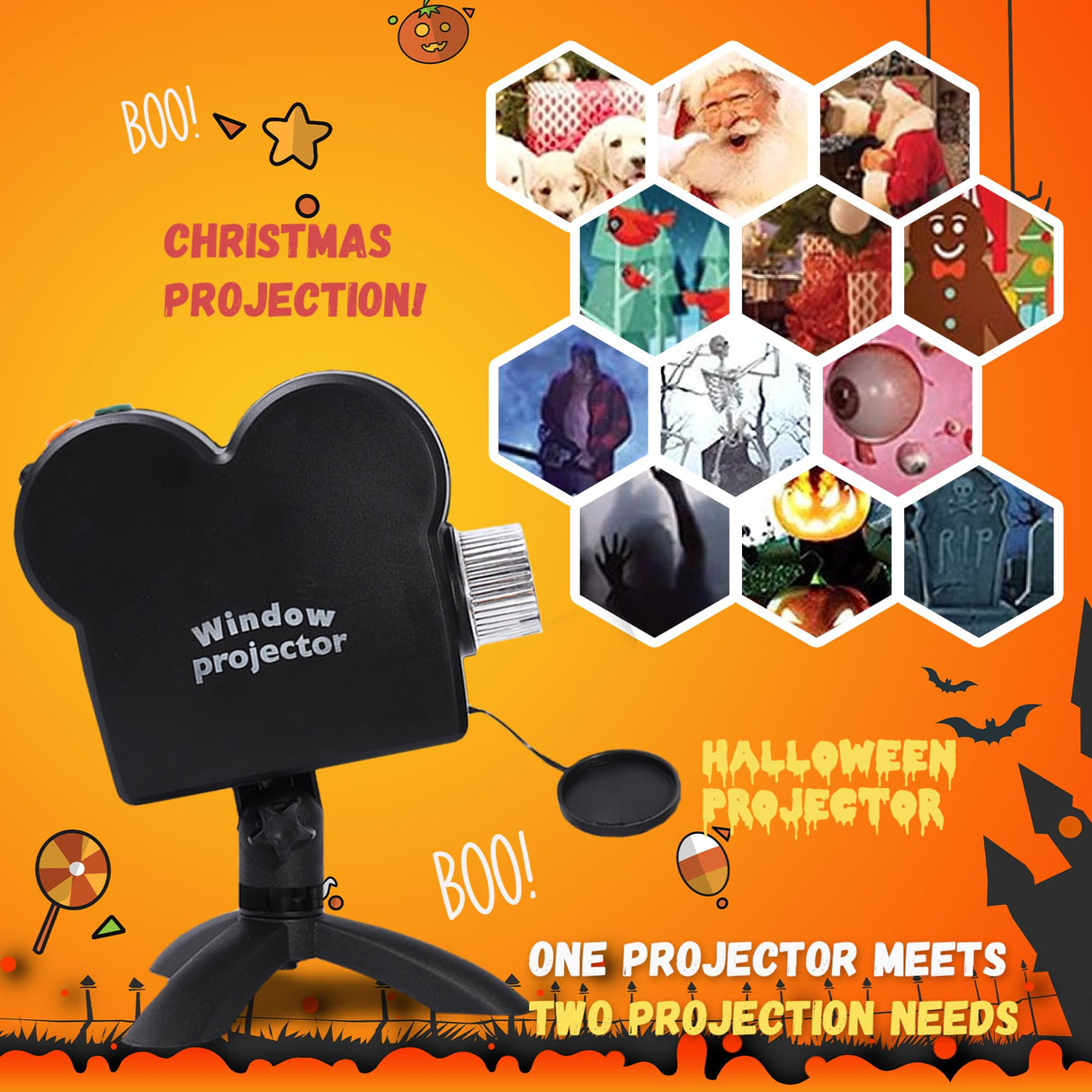 Halloween Window Projector, Outdoor Christmas Projector, Halloween Led Holographic Projection Lamp, 6 Halloween Movies, 6 Christmas Movies, for Window Garden Halloween Christmas Decor