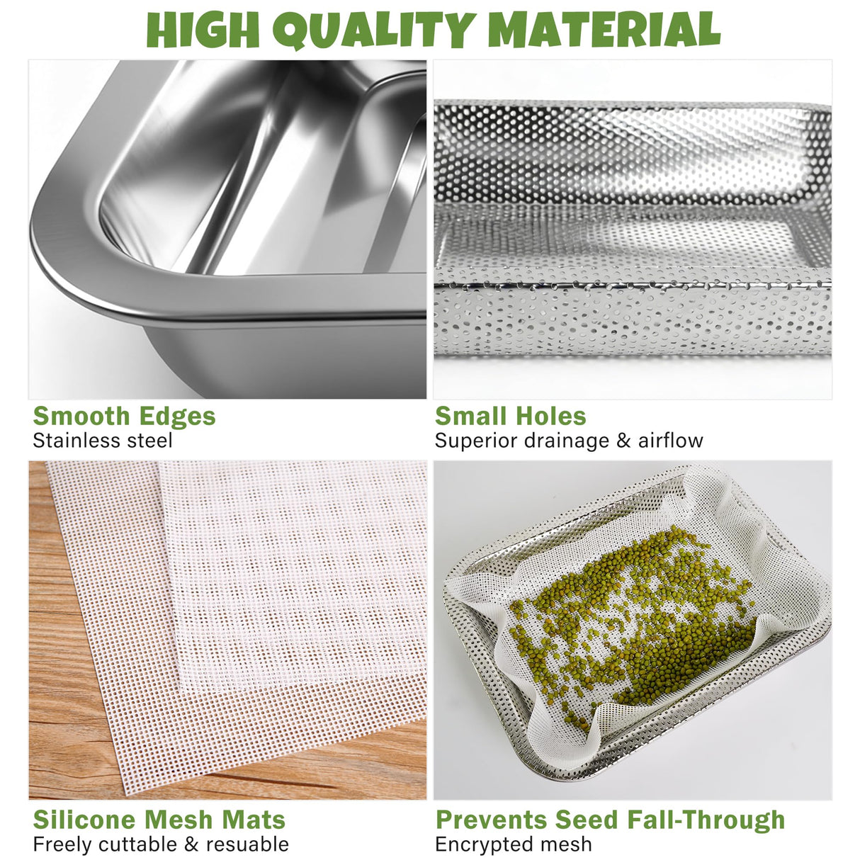 2 Pack Stainless Steel Seed Sprouter Trays, 2-Tier Soil-Free Microgreens Growing Kit, Sprouting Tray with Cover Lids & Mesh Pads for Sprouts Beans Alfalfa Wheatgrass (10.6" * 7.9" * 1.9")