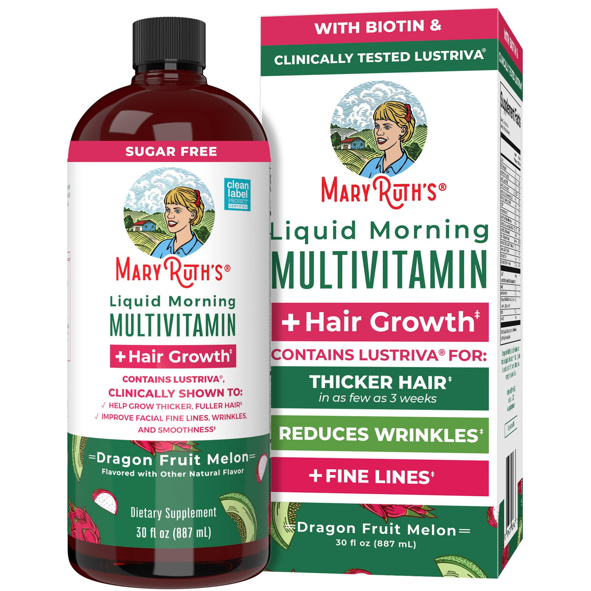 MaryRuth's Liquid Multivitamin + Hair Growth | Clinically Tested in Women for Thicker Hair & Facial Wrinkles | Biotin 10000mcg | Lustriva Hair Growth Supplements | Skin Care | Ages 18+ | 30 Fl Oz