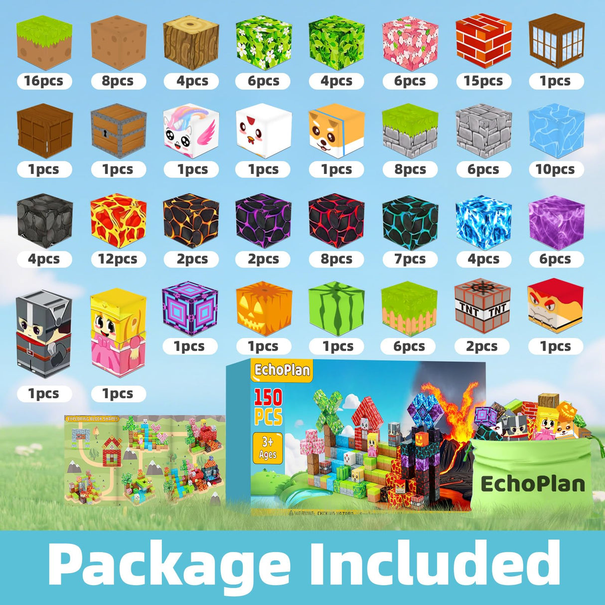 EchoPlan 150PCS Magnetic Blocks, Magnetic Building Blocks, STEM Constructions Magnet Blocks for Boys Girls Age 3 4 5 6 7 8 9 10, Sensory Stacking Toy Christmas Birthday Gifts for Kids, 1" Large Size