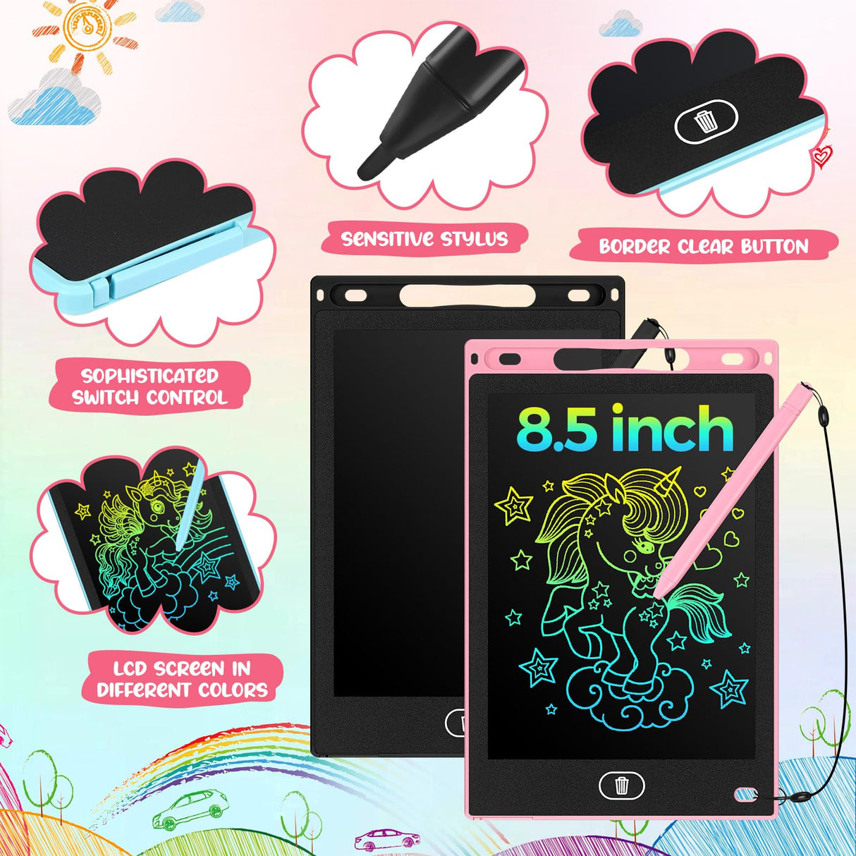 Tinlade 12 Pack LCD Writing Tablets for Kids, 8.5 Inch Erasable Doodle Boards Portable Electronic Drawing Pads, Learning Bulk Toys Gifts for Christmas School(Pink, Light Blue, White, Black)