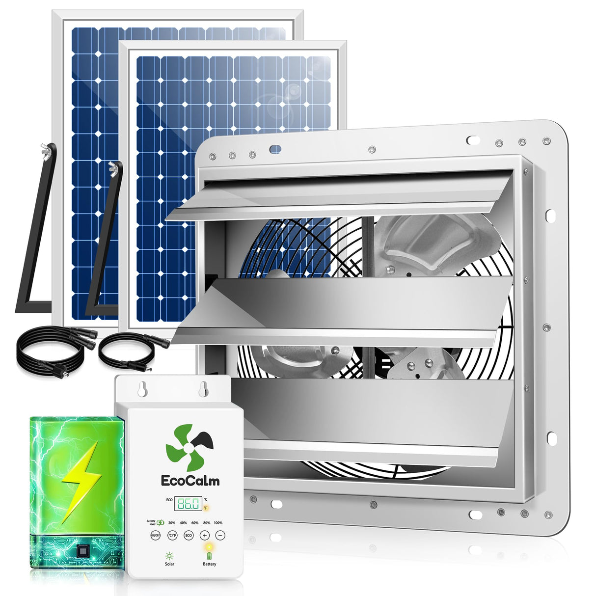 ecoCalm Solar Exhaust Fan 12“ for Greenhouse with Smart Thermostat, Battery