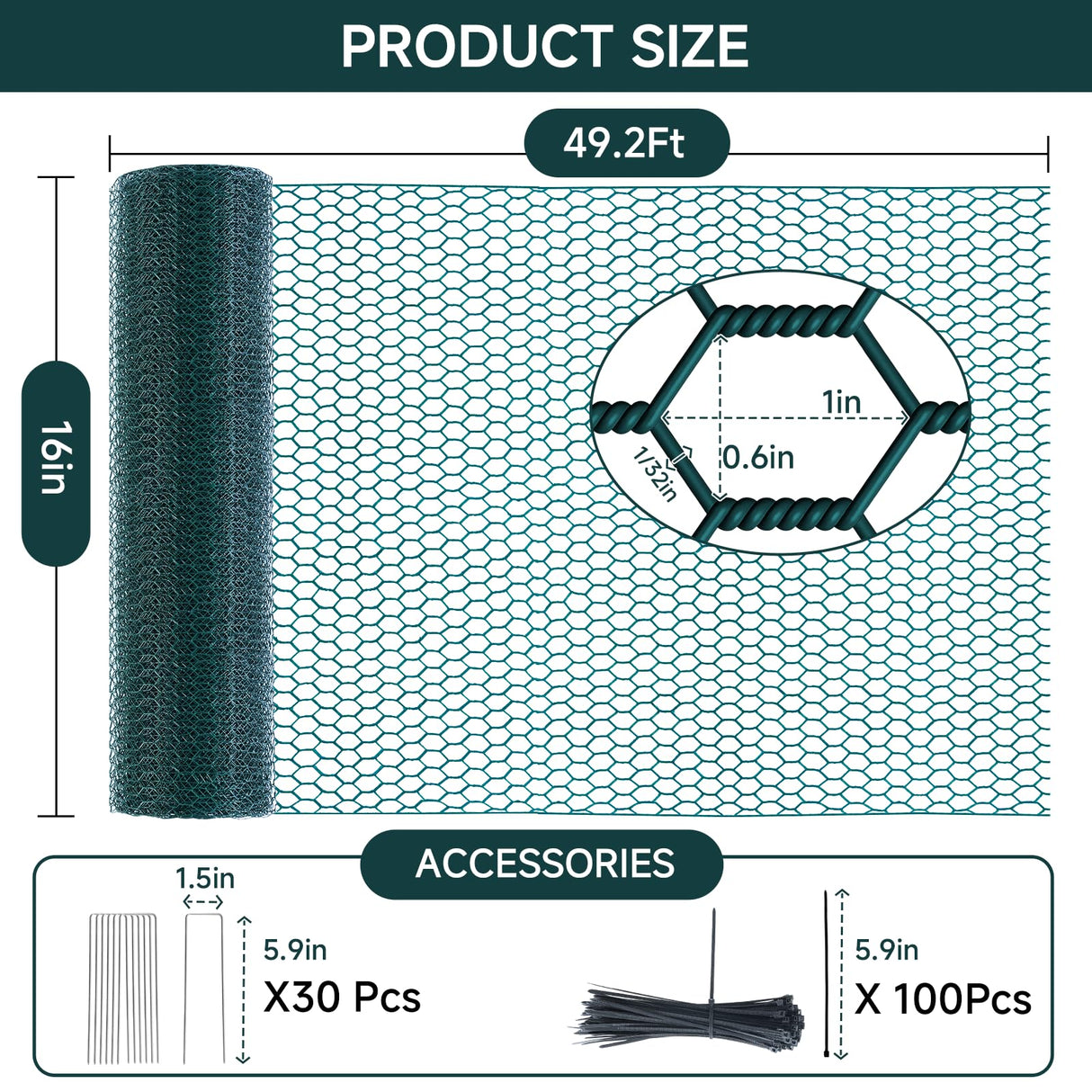 16in X 49.2Ft Chicken Wire Fencing Plant Protectors from Animals Green Roll