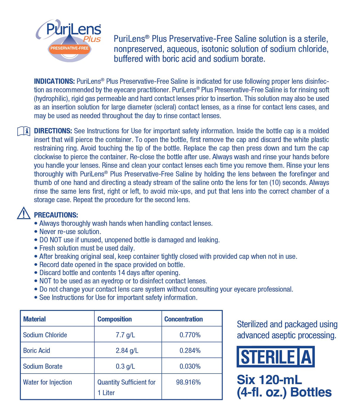 Purilens Plus Preservative-Free Contact Lens Saline 120ml (4 fl. oz.) 6 Pack