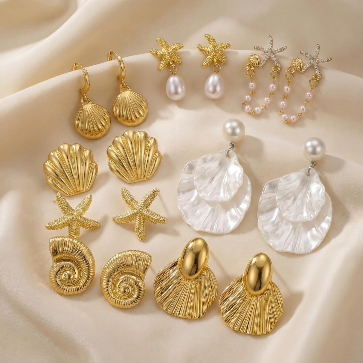 Nosiny 8 Pairs Beach Earrings for Women Gold Starfish Seashell Pearl Drop Shell Conch Earrings Summer Ocean Beachy Jewelry