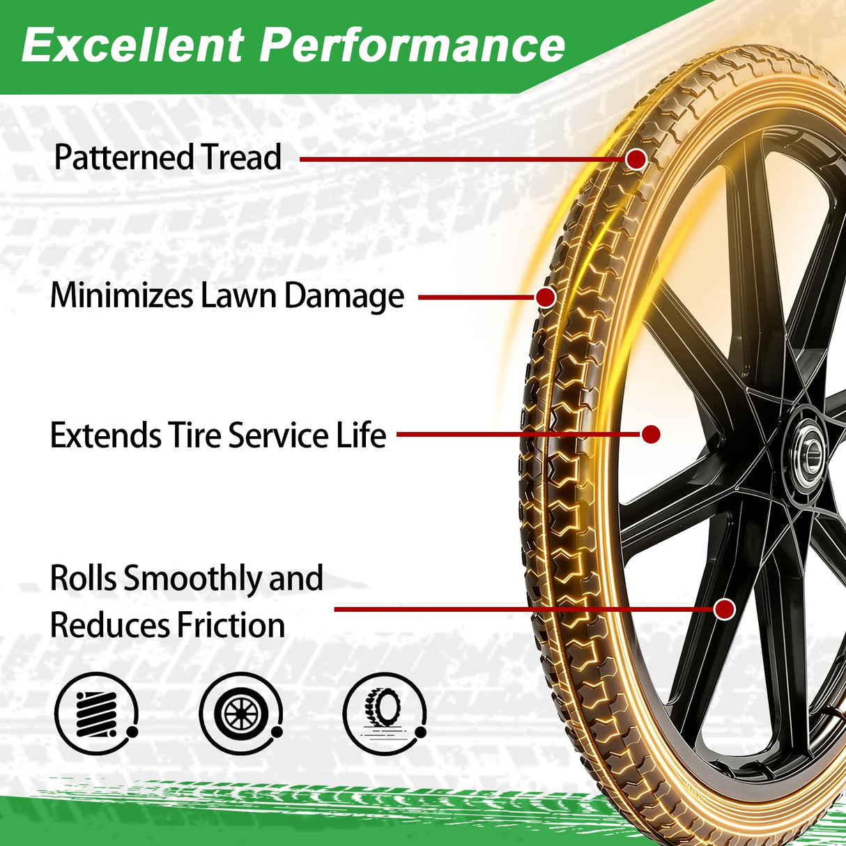 LTNICER (2-Pack) 20" Flat Free Cart Wheels, 20x2 Solid Rubber Wheels for Rubbermaid Garden Carts, 3/4" & 5/8" Bearing, 2.5" Hub Length, Black