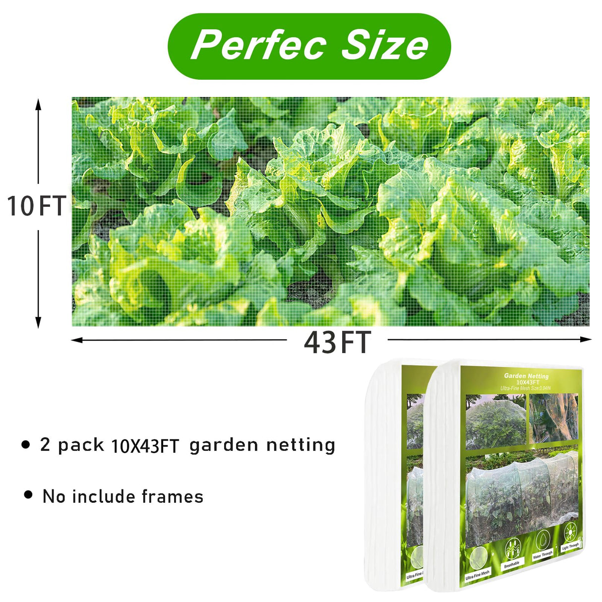 2 Pack 10X43FT Garden Netting for Raised Beds, Ultra Fine Insect Netting for Vegetable Flowers Fruits Greenhouse Crops, Garden Mesh Plant Cover Row Cover Barrier Protection Net for Birds