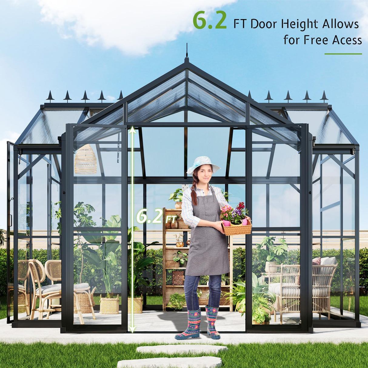 AMERLIFE 12x10x8 FT Hybrid Polycarbonate Greenhouse, Quick-Connect Aluminum Frame with Dual Roof Vents & Double Doors, Walk-in Outdoor Garden Greenhouse with Gutters, Black