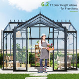 AMERLIFE 12x10x8 FT Hybrid Polycarbonate Greenhouse, Quick-Connect Aluminum Frame with Dual Roof Vents & Double Doors, Walk-in Outdoor Garden Greenhouse with Gutters, Black