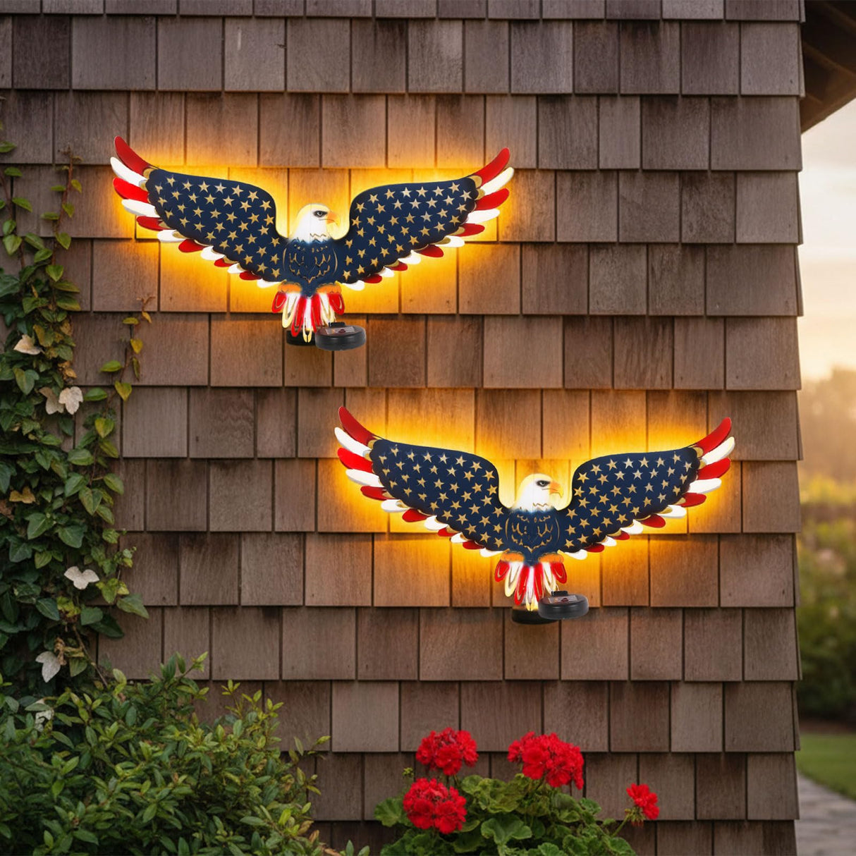 2 Pack 23" American Eagle Metal Wall Art with Solar Lights Outdoor 4th of July Decorations Outdoor | Led Patriotic Sculpture with American Flag | Solar Powered Independence Day Decor for Yard & Porch