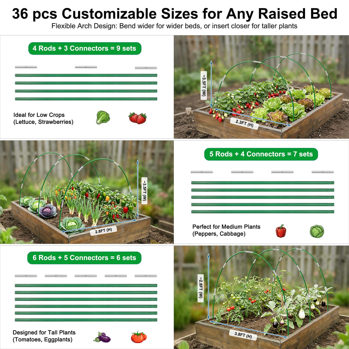 Garden Hoops for Raised Beds, Splinter-Free Fiberglass Greenhouse Hoops Grow Tunnel, 36 Pcs Adjustable Frame for Row Cover & Bird Netting, Rust-Proof DIY Outdoor Plant Stakes