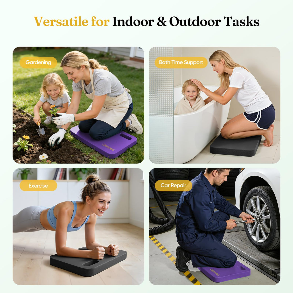 Grenebo High-Density NBR Foam Garden Kneeling Pad, 1.6" Extra Thick Gardening Pads for Kneeling, Ultra Soft Kneeling Pads for Gardening, Work, Exercise, Yoga, 17.3×11×1.6 in (2, Black Purple)