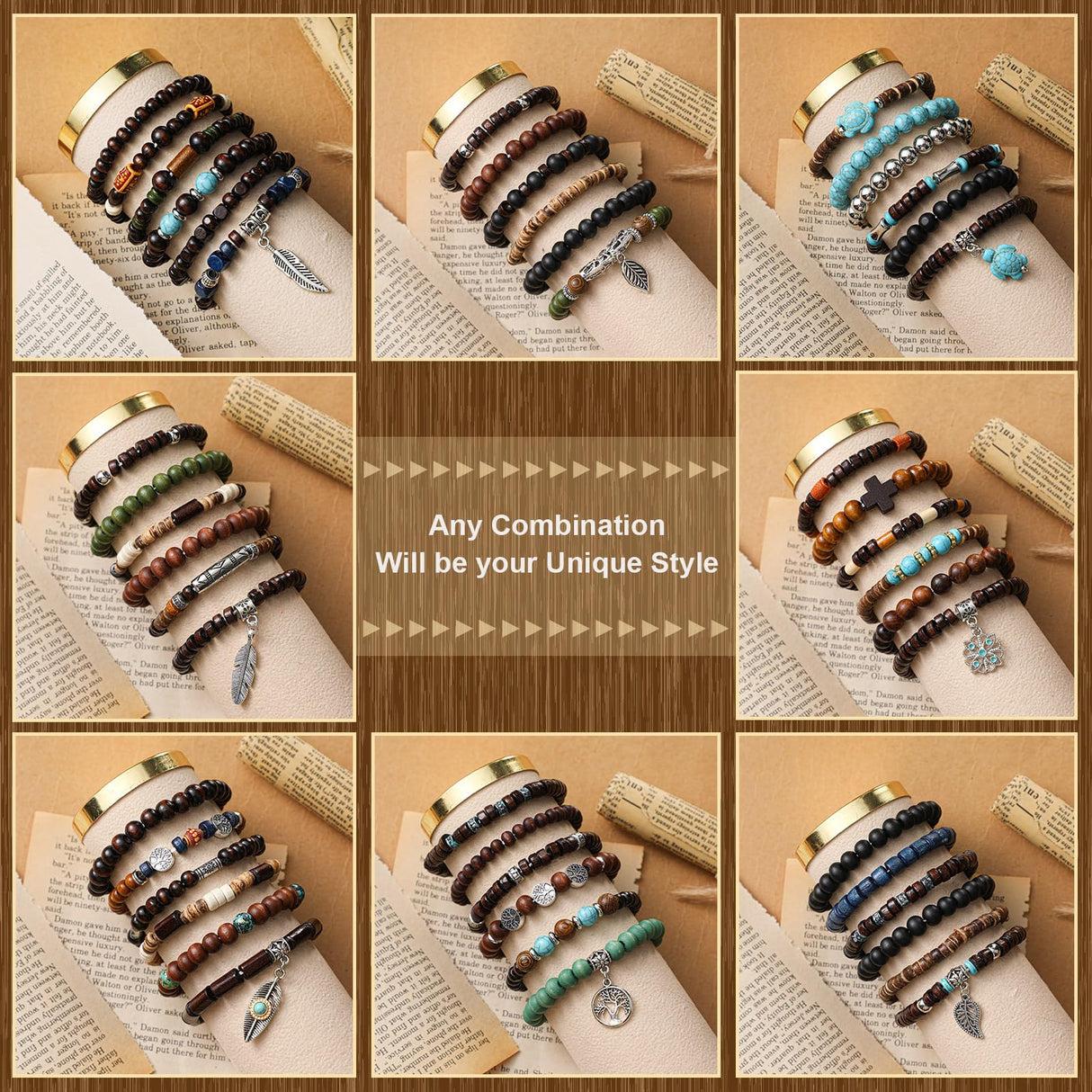 Tondiamo 48 Pcs Punk Wooden Beads Bracelets Gothic Bracelet for Men
