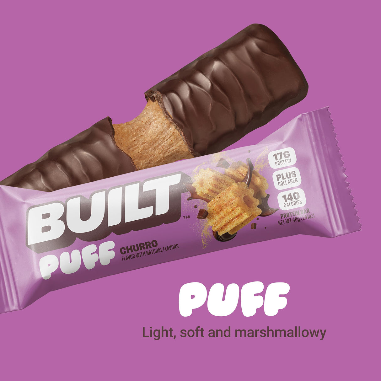 Built Bar, Puff Protein Bars, Churro Puff, 17g Protein Snacks, On-The-Go Bars, Only 140 Calories & 6g Sugar, Collagen, Gluten Free, 12 Count