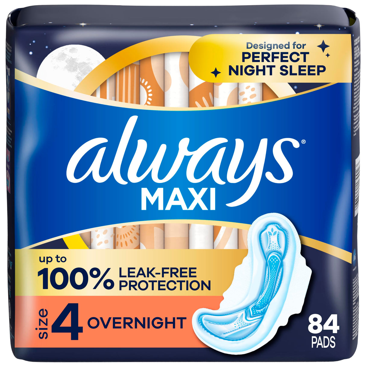 Always Maxi Overnight Pads with Wings, Size 4, Overnight, Unscented, 28 Count x 3 (84 Count Total) (Packaging May Vary)