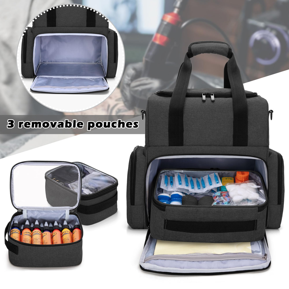 BAFASO Large Tattoo Case with 3 Inner Removable Pouches, Tattoo Travel Case for Large Tattoo Stencil Printer and Tattoo Supplies (Patented), Black