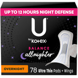 U by Kotex Balance Ultra Thin Overnight Pads with Wings, 78 Count (6 Packs of 13) (Packaging May Vary)