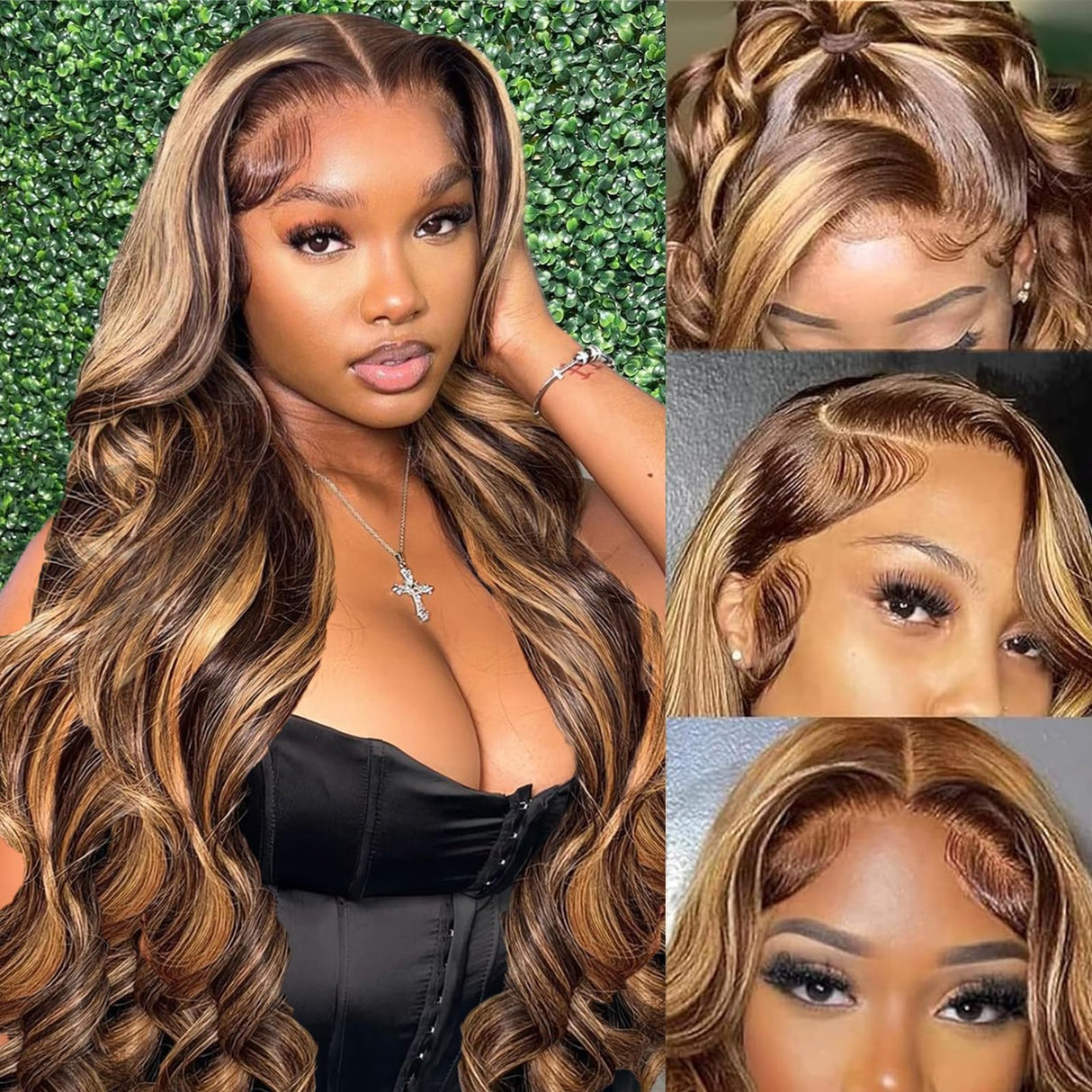Honey Blonde Ombre Lace Front Wig Human Hair Highlight Body Wave 13X6 Lace Front Wigs Human Hair Pre Plucked HD Frontal 180 Density Glueless 4/27 Highlighted Human Hair Wig 26 Inch