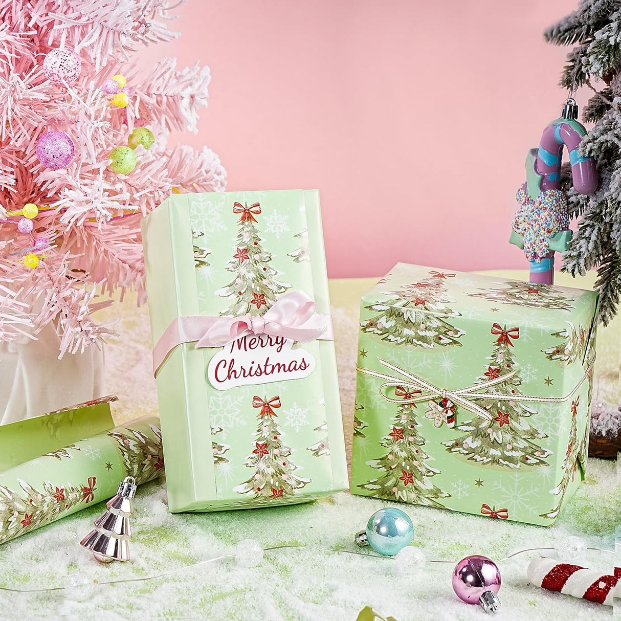 WRAPAHOLIC 30 Inch Jumbo Reversible Christmas Wrapping Paper - 30 Inch x 33 Feet - Light Green Christmas Tree Wrapping Paper for Xmas Holiday, Party Celebration