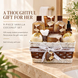 Gifts For Women Gift Basket for Women– 9 Piece Set of Vanilla Coconut Home Spa Set, Luxurious Gifts for Her, Bath and Body Sets Includes Fragrant Lotions, Large Bath Bombs, Coconut Oil