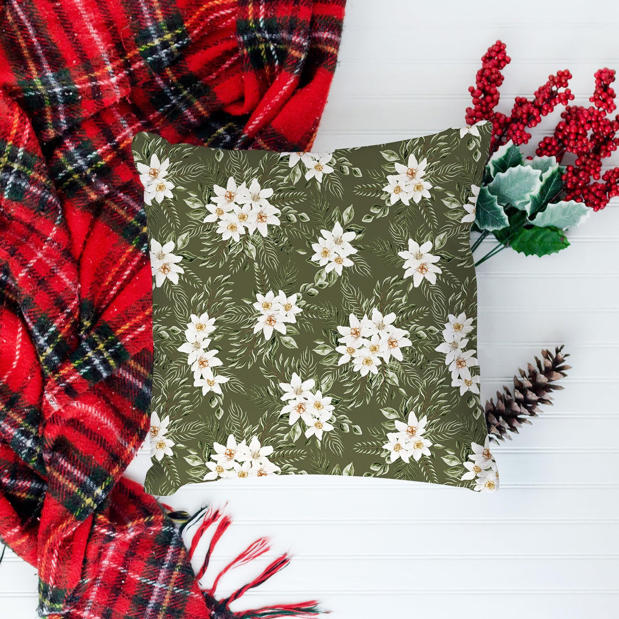 Whaline 12Pcs Christmas Watercolor Forest Cotton Fabric Bundles 18 x 22 Inch Green Christmas Tree Flower Deer Fat Quarter Xmas Quilting Patchwork for DIY Handmade Sewing Crafting