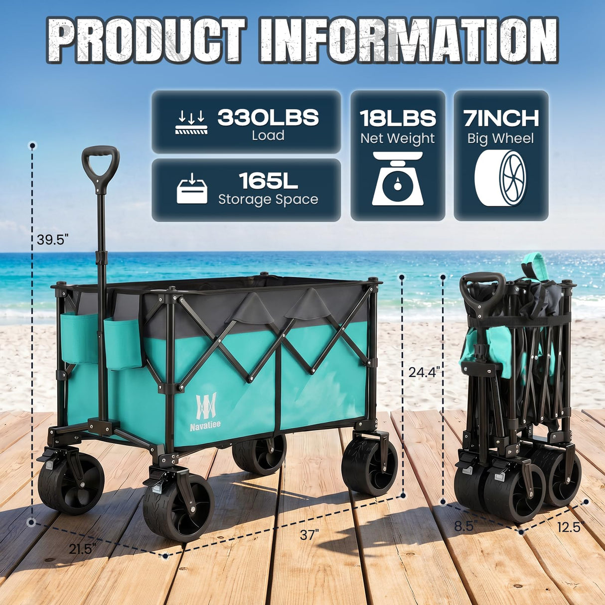 Navatiee 330Lbs Collapsible Folding Wagon, Beach Wagon Cart Heavy Duty Foldable with Big Wheels, Utility Grocery Wagon with 165L Large Capacity for Camping Garden Sports, Light Blue