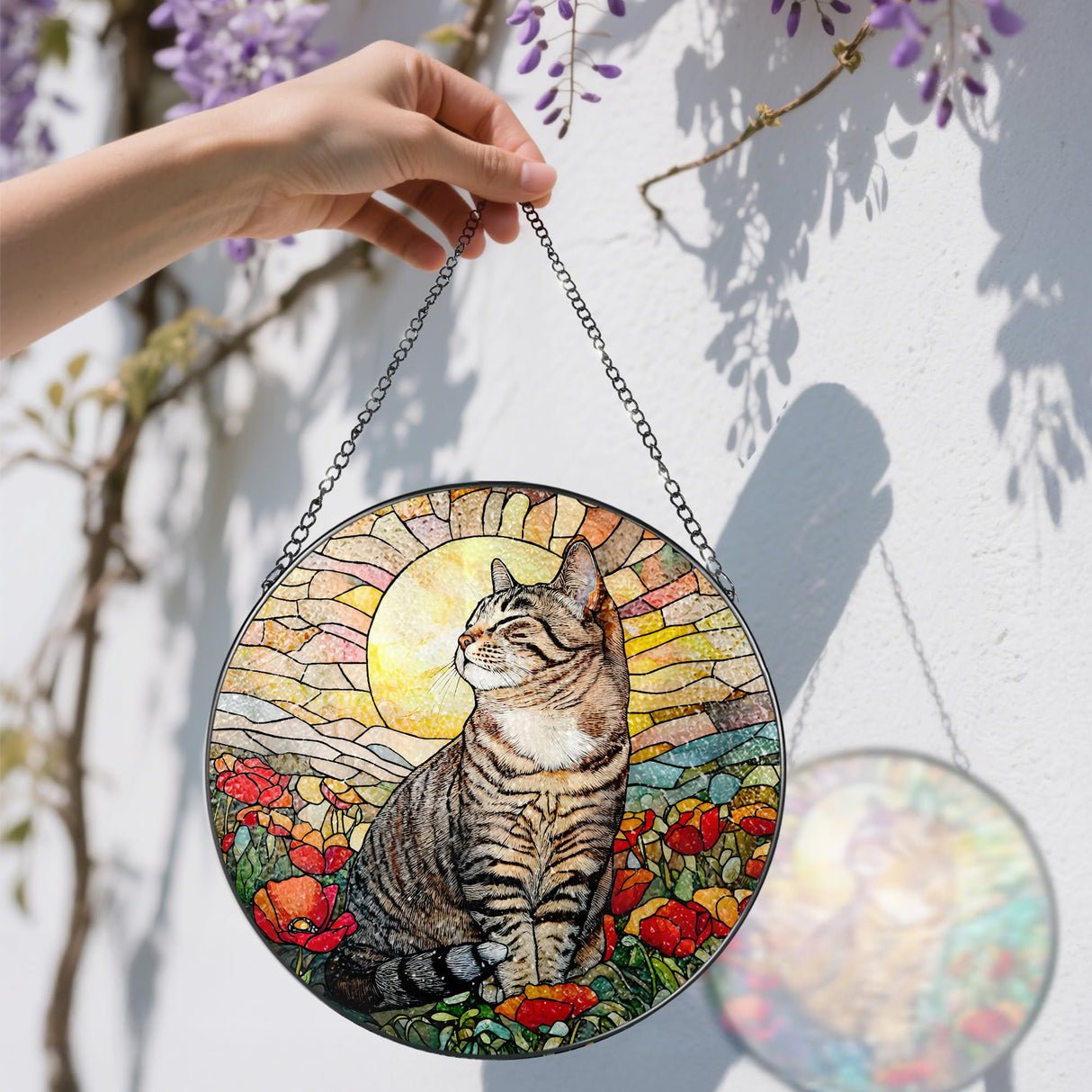 Stained Glass Window Hanging, 8 Inch Cat Stained Glass Ornament, Suncatchers for Windows Hanging, Suncatcher Decorations for Windows, Window Decor, Gifts for Cat Lovers