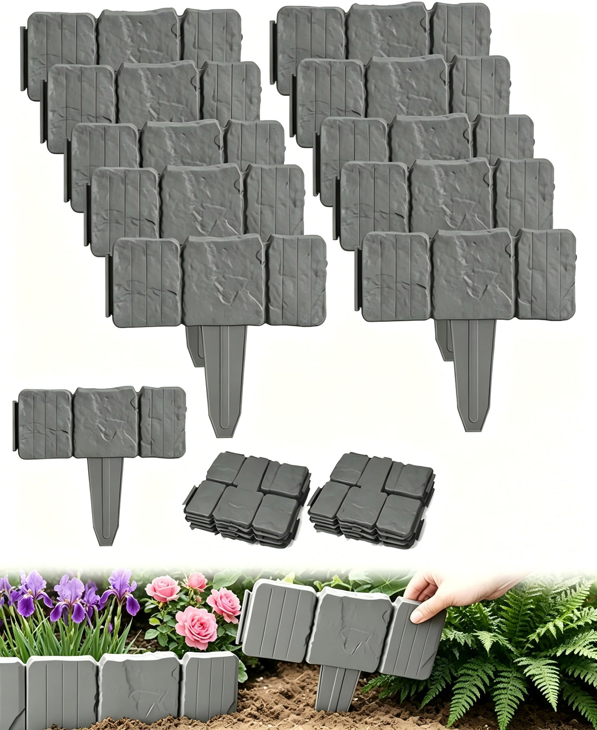20PCS Imitation Stone Garden Fence, Faux Stone Edging for Landscaping,Plastic Retaining Edging Border for Flower Beds,Interlocking Landscape Edging,No Dig Decorative Lawn Border(Gery)