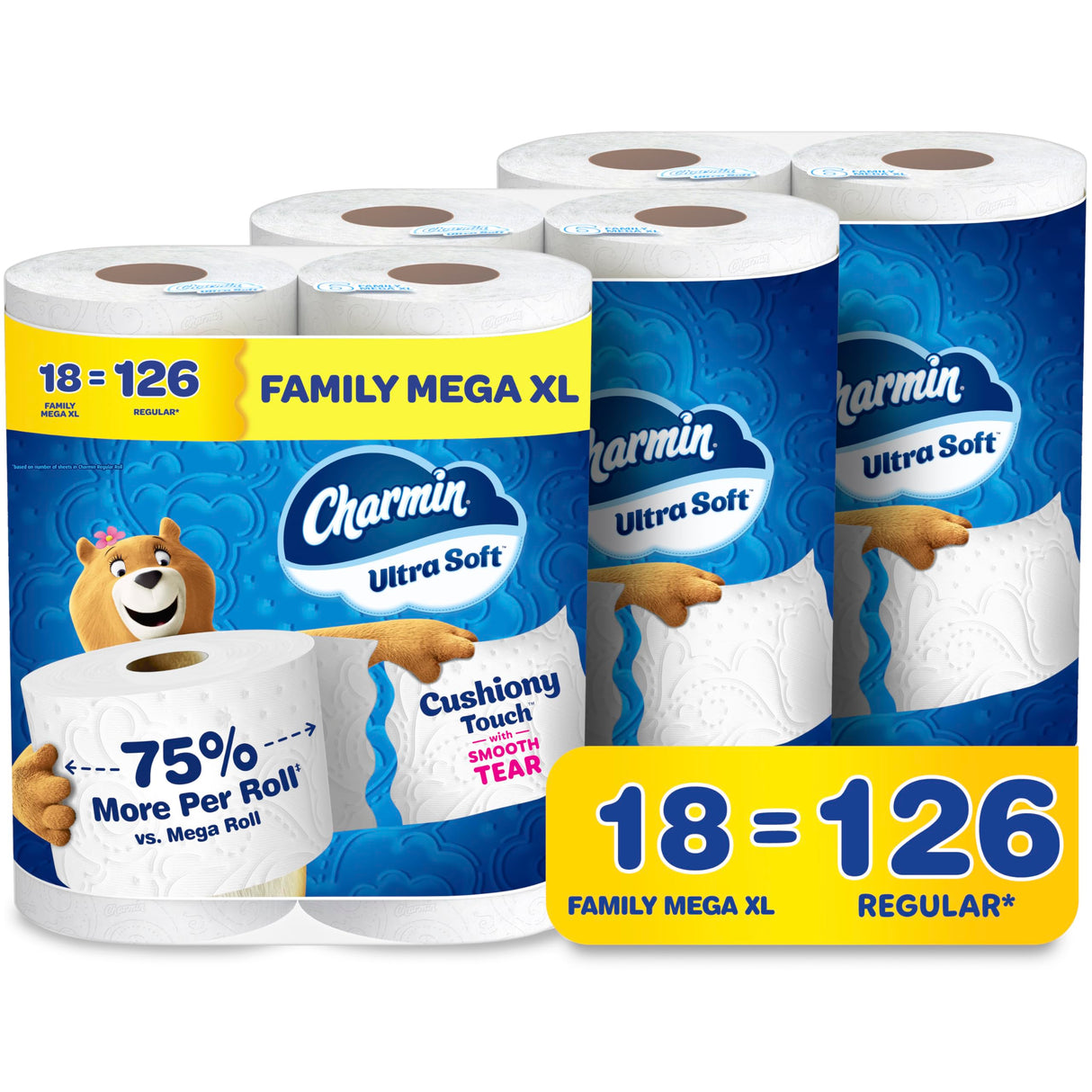 Charmin Toilet Paper Ultra Soft Cushiony Touch, 18 Family Mega XL Rolls = 126 Regular Rolls