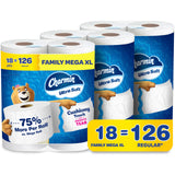 Charmin Toilet Paper Ultra Soft Cushiony Touch, 18 Family Mega XL Rolls = 126 Regular Rolls