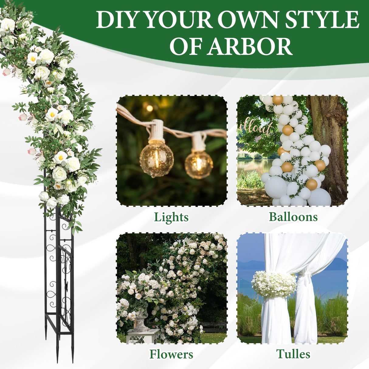 VINGLI Garden Arbor, Arch Archway for Wedding Ceremony Party, Steel Garden Trellis for Plant Climbing, Christmas Garden Decorations Pergola for Garden, Backyard, Lawn (Black, 7.9FT)