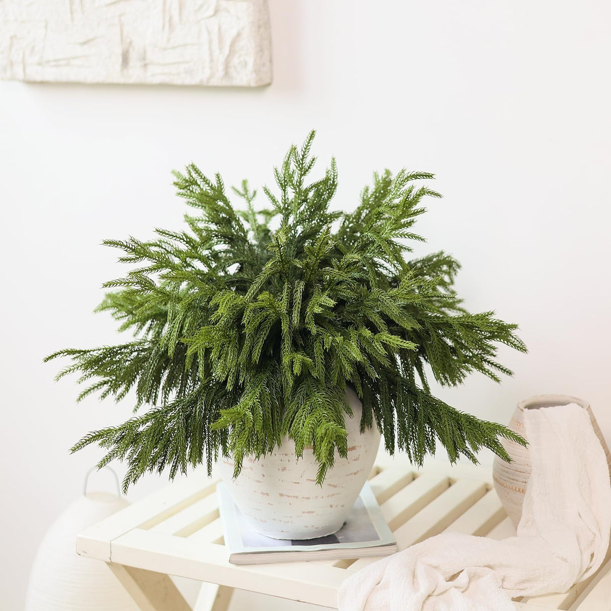 Juxdp 20 Pcs Real Touch Norfolk Pine Branches, Artificial Christmas Green Plants Branch Faux Greenery Stem Fake Pine Picks for Vase DIY Crafts Garland Wreath Xmas Indoor Outdoor Decor(18 Inches)