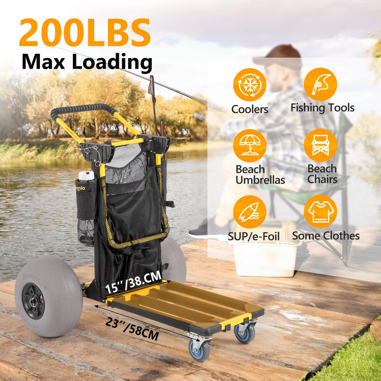 Bonnlo Beach Cart with 12" Big Balloon Wheels for Sand, Foldable 2-in-1 Beach Buggy Cart Fishing Cart with Large Cargo Deck, Fishing Rods Holder, Water Bottle Holder, 2 Mesh Bag, Hand Pump