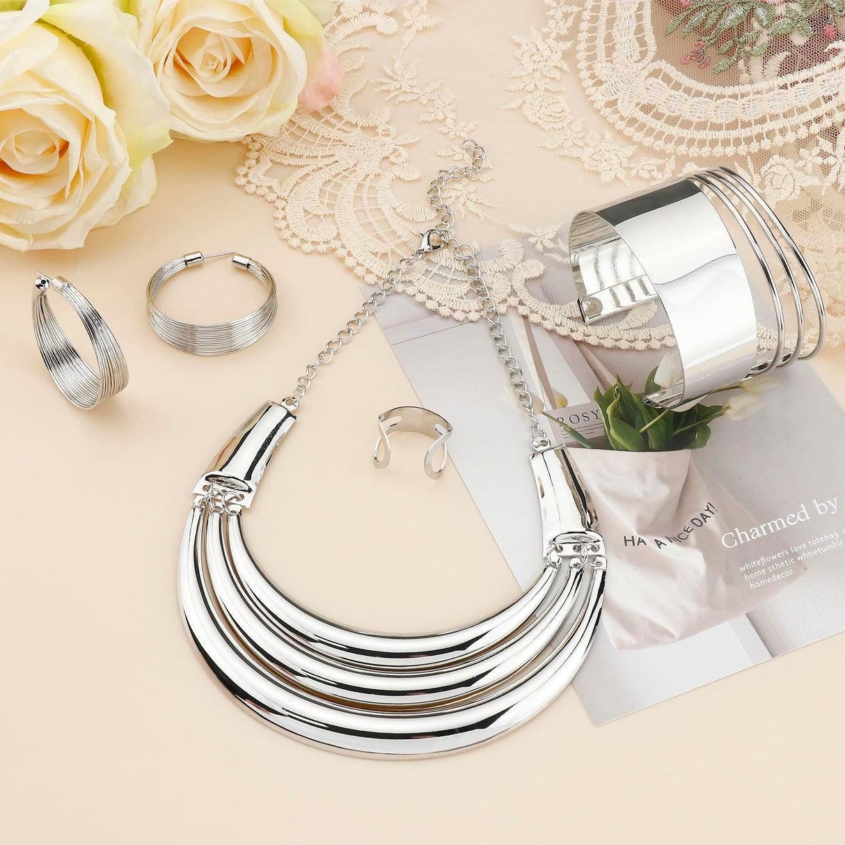 JOERICA Bib Choker Necklace Silver Jewelry Set Wide Cuff Bangle Bracelet Open Hoop Earrings Adjustable Ring Chunky Silver Statement Costume Jewelry Set for Women
