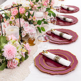 Liacere 350PCS Red Plastic Plates-Disposable Burgundy Red and Gold Plates 50guest Baroque Plastic Dinnerware include 100Plates, 50Pack Pre Rolled Napkins with Silverware 50Cups for Christmas