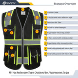JKSafety 10 Pockets Hi-Vis Zipper Front Black Safety Vest | Cushioned Collar | High Reflective Tapes with Extended Neon Yellow Strips | Meets ANSI/ISEA Standards (Large, 89-Black)