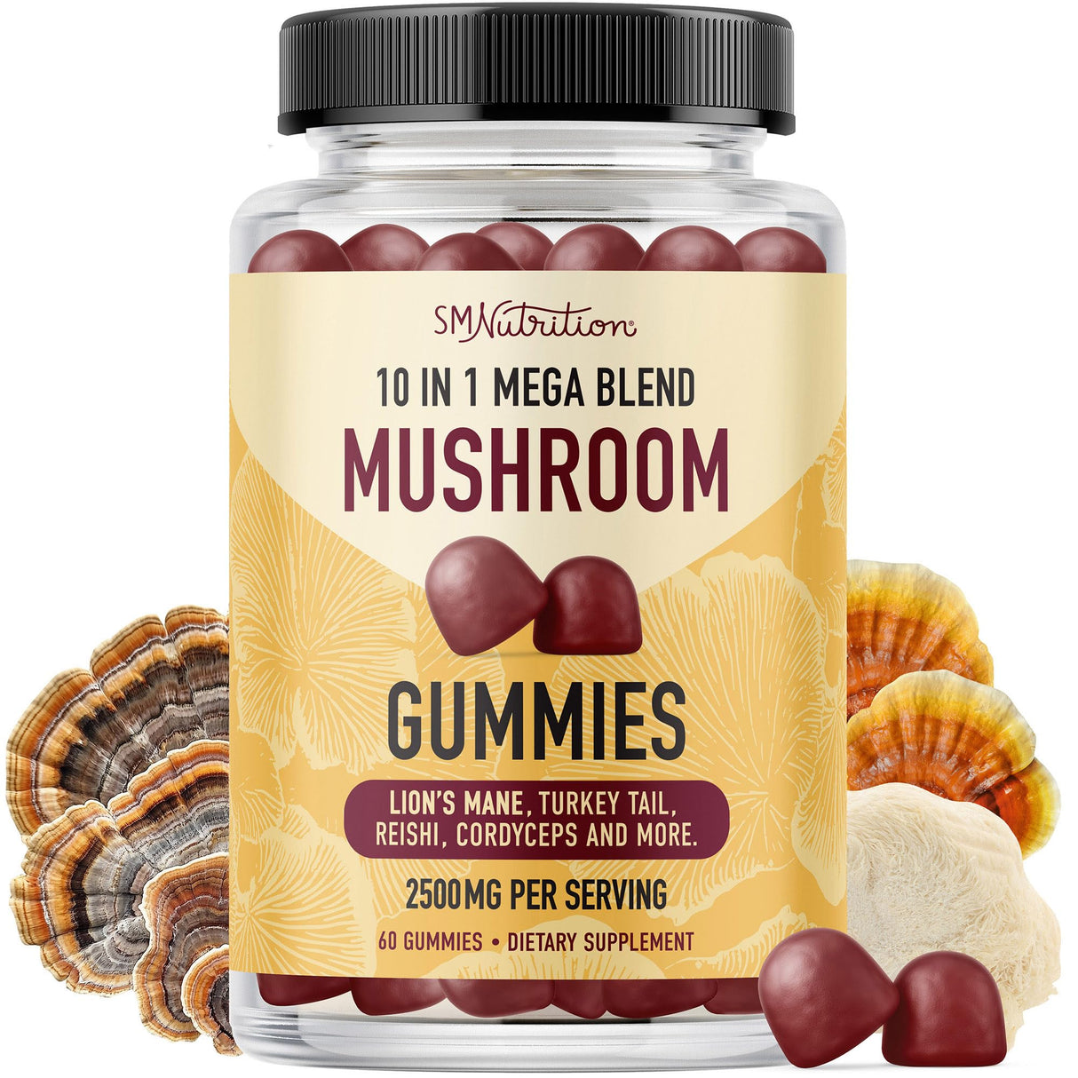 Mushroom Gummies for Adults | with Lions Mane, Turkey Tail, Reishi, Cordyceps, Chaga & Maitake | Nootropic Mushroom Supplement | Support Cognitive Function & Immune Health | Raspberry Flavor | 60ct