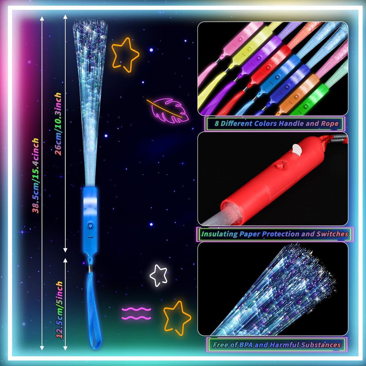 56 Pack Multicolor Fiber Optic Wand Glow Wand LED Light Up Wand Bulk with 3 Flashing Models Flashing Sticks for Glow in The Dark Birthday Party Favor Wedding Halloween Christmas, 8 Colors