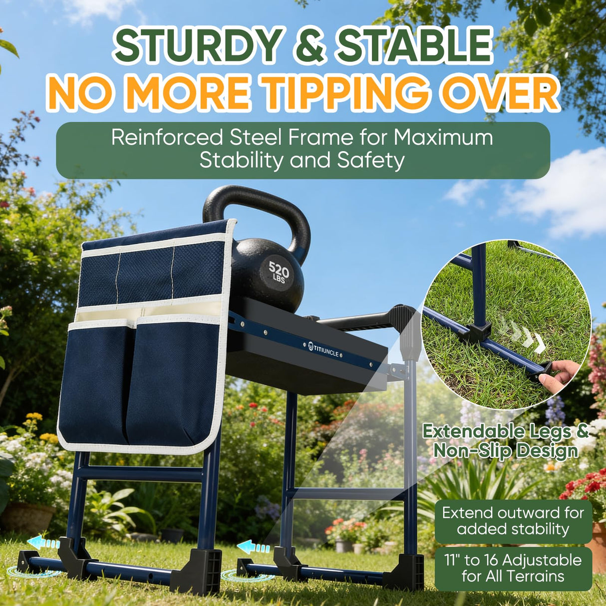 TITIUNCLE Garden Kneeler and Seat, Heavy Duty Anti-Tip Foldable Gardening Stool Bench Kneeler with Widened Thicken Kneeling Pad & Tool Bag, Gardening Gifts for Seniors, Gardeners, Women, Men, Fathers