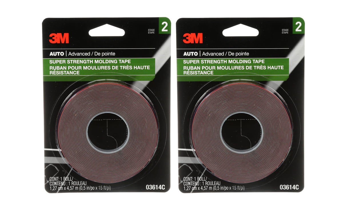 3M Scotch-Mount Automotive Molding Tape, Super Strength Double-Sided Adhesive, 1/2 Inch x 15 Ft per Roll (Pack of 2) – for Car Trim, Emblems, Moldings
