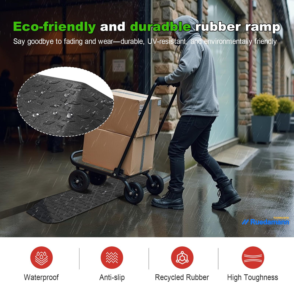 Ruedamann 1-1/2" Rise Rubber Threshold Ramp, 42.9" Wide Wheelchair Ramp, 2200 Lbs Capacity, Entry Ramp, Curb Ramps with Non-Slip Surface, Door Ramps for Wheelchairs, Scooter, Power Chairs, Driveways